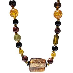 Retro Glass Beaded Necklace Amber Black Brown Square Pendant Boho Jewelry Women